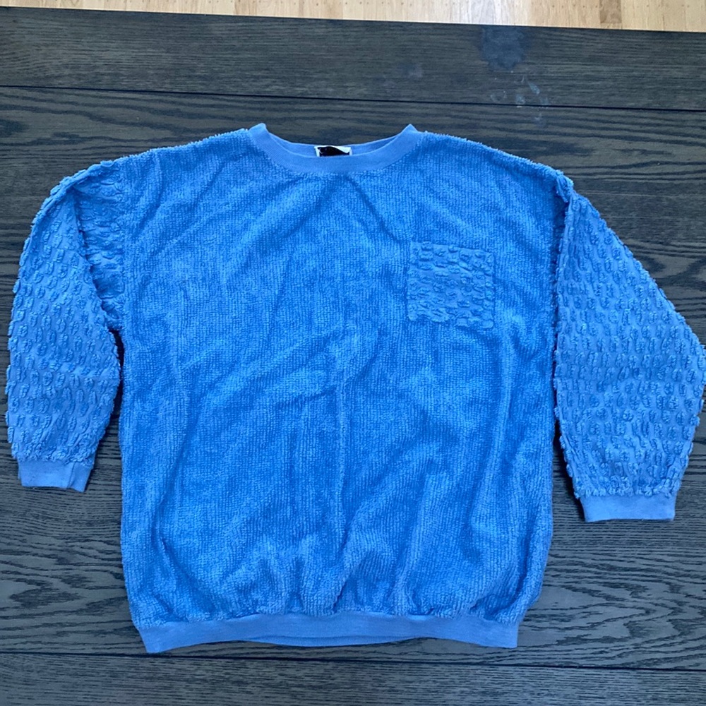 VTG Camelot Terry Cloth Sweatshirt Popcorn Sleeve Teal Blue Women L Made In USA
